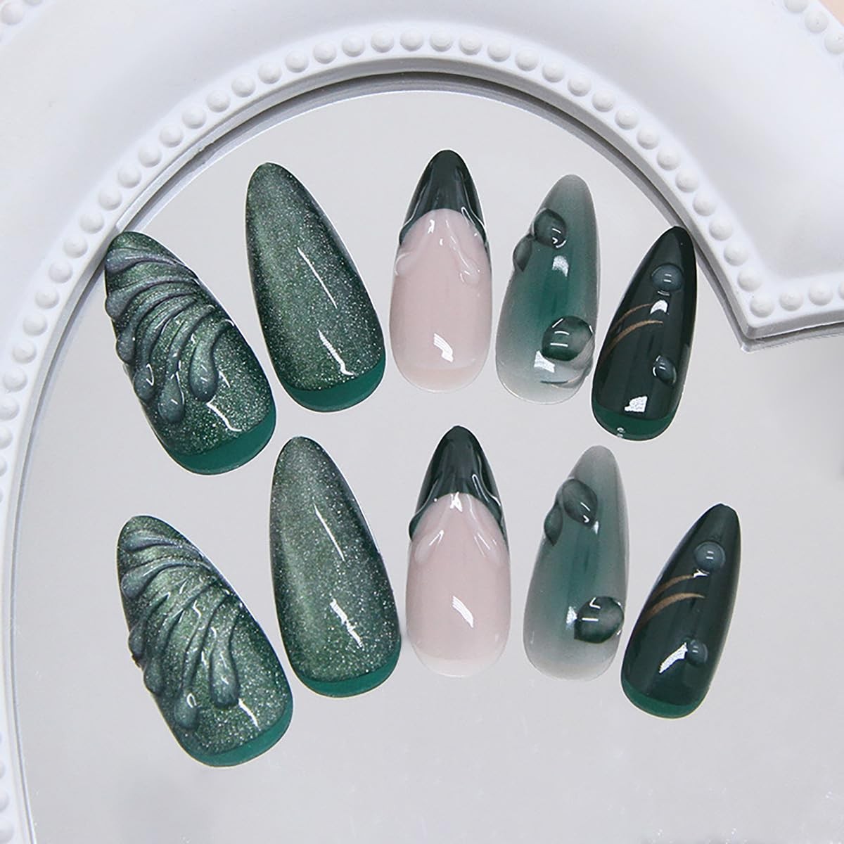 24Pcs Dark Green Press on Nails Medium Almond Fake Silver Star