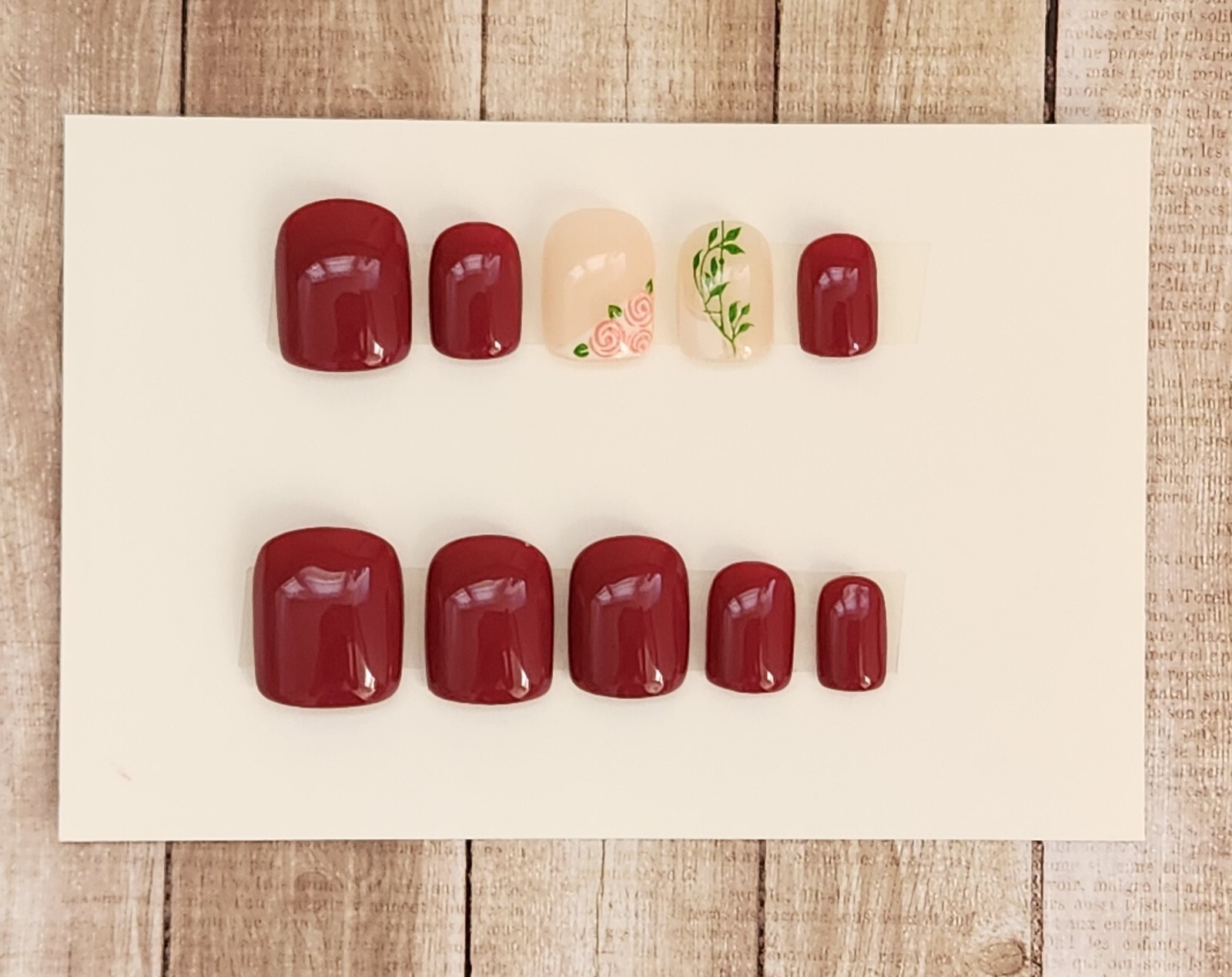 Custom Press On Gel Nails Handmade Pinkish Red Rose Accent Square Short 20 Tips