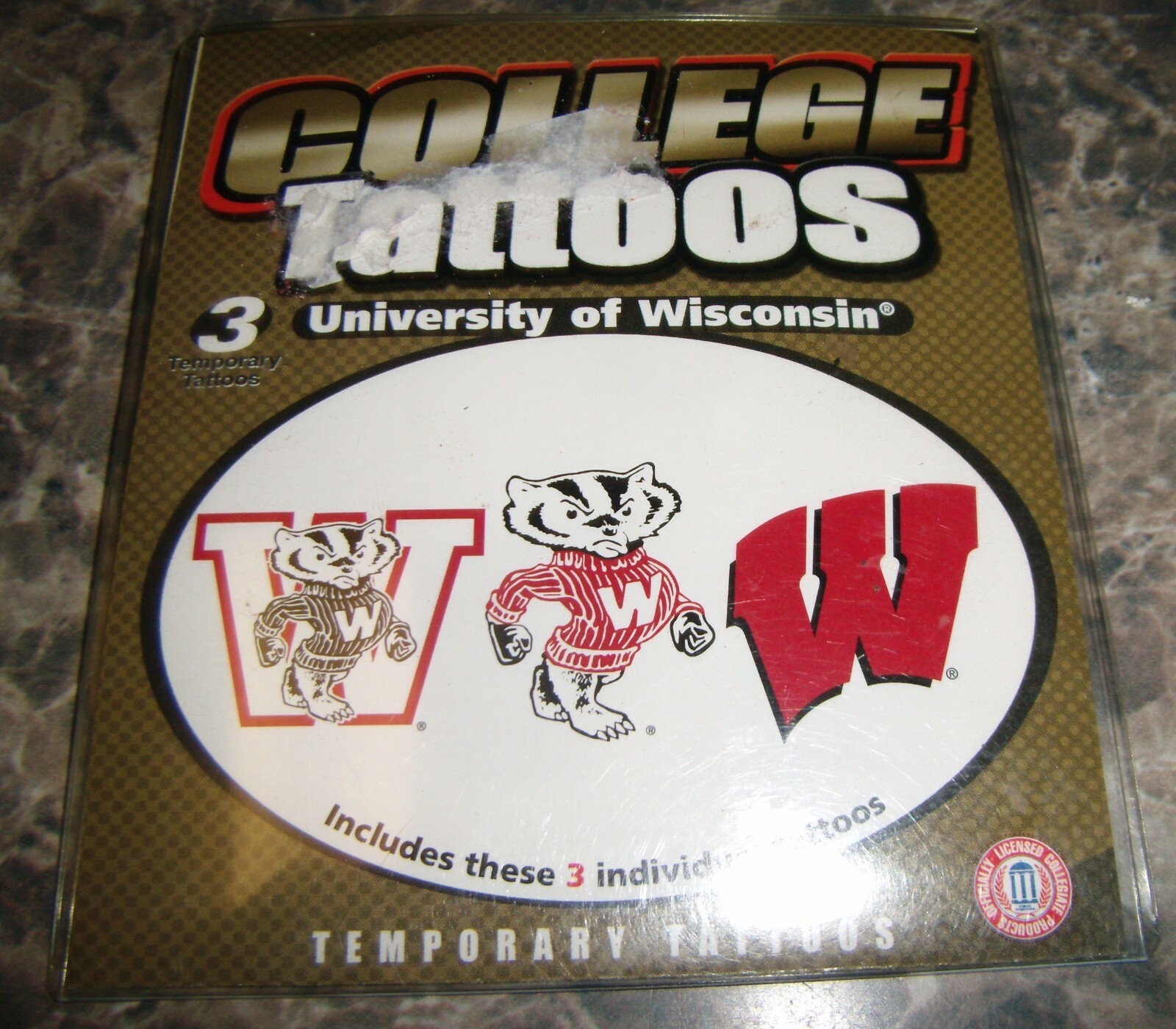 University of Wisconsin BADGERS college logo 3 pack x 5 temporary tattoo lot NEW