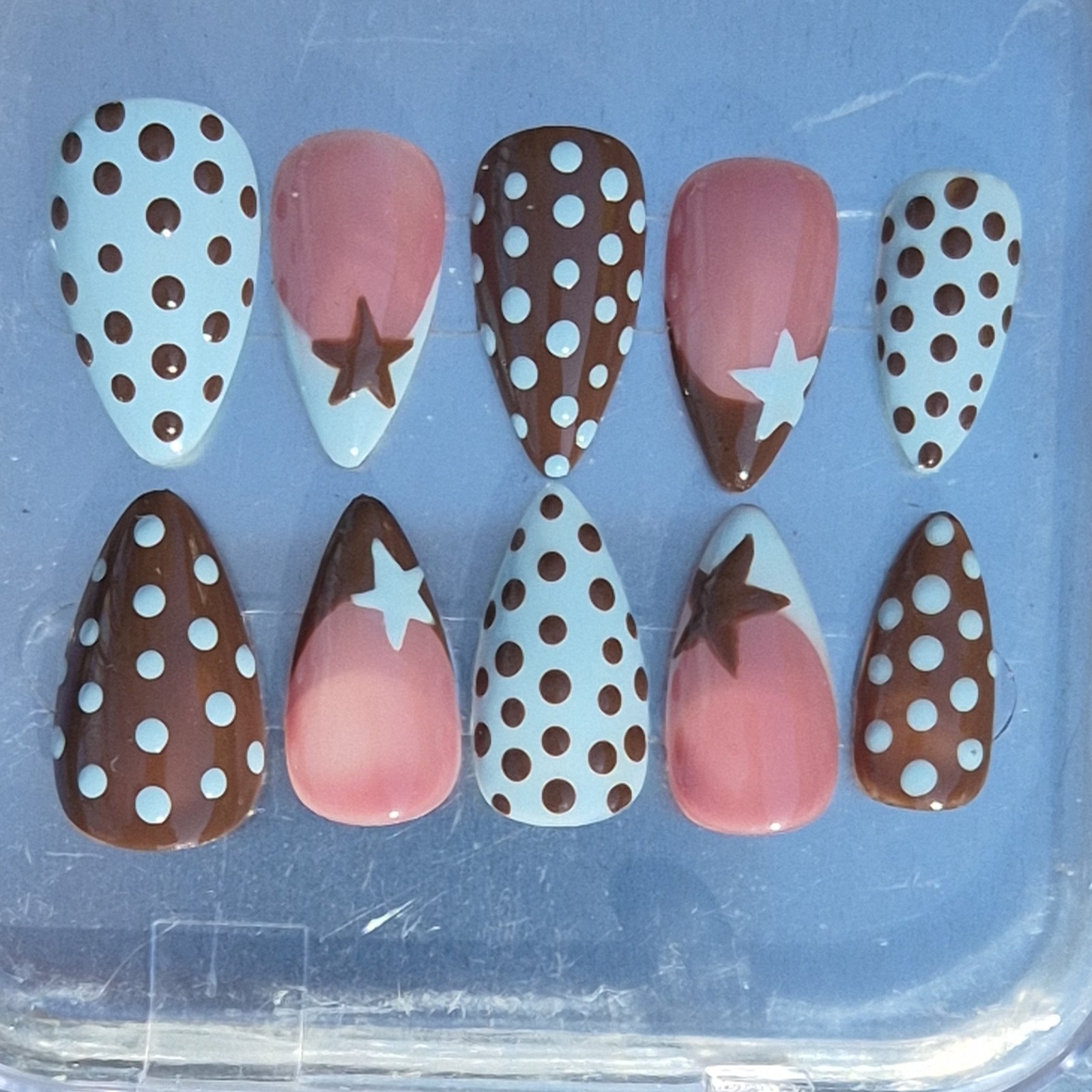 Blue Brown Pink White Star Polka Dot Almond Press-On Nails Medium Full Cover Set
