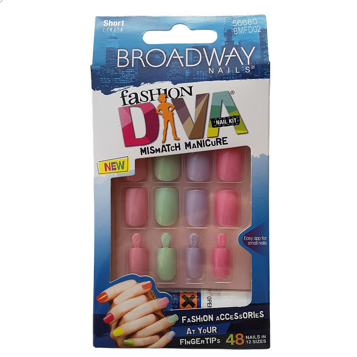 Broadway Fashion Diva Glue On Nails Pastel Solids Mismatch Short BMFD02 Easter