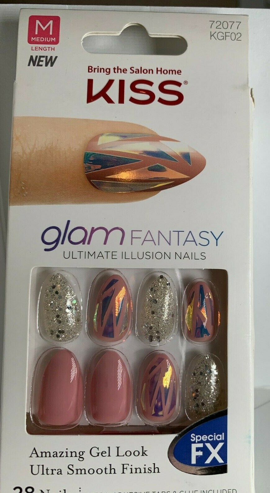 Kiss Nails Glam Fantasy Glue or Press on Manicure Medium Pink FX Glitter