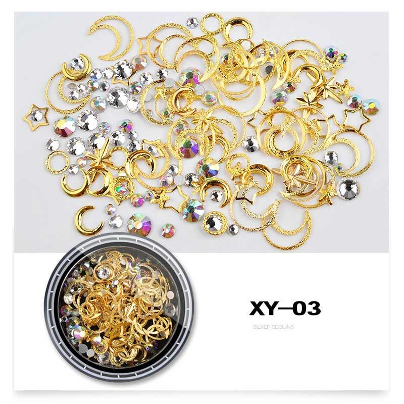 Mixed AB Crystal Rhinestones- Hollow Metal Studs 3D Gold Silver Moon Star Rivets