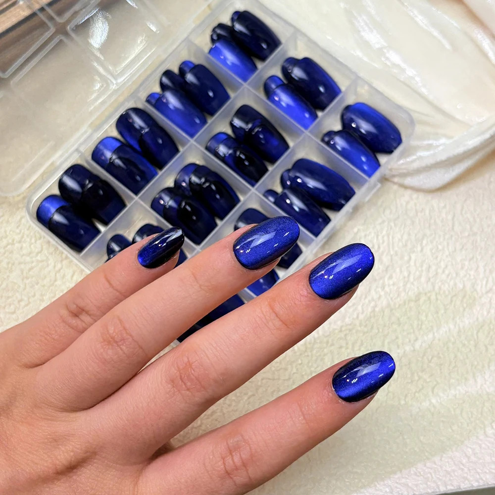 30 Pcs Sparkly Medium Oval Dark Blue Cat Eye Glossy Full Cover Artificial Press