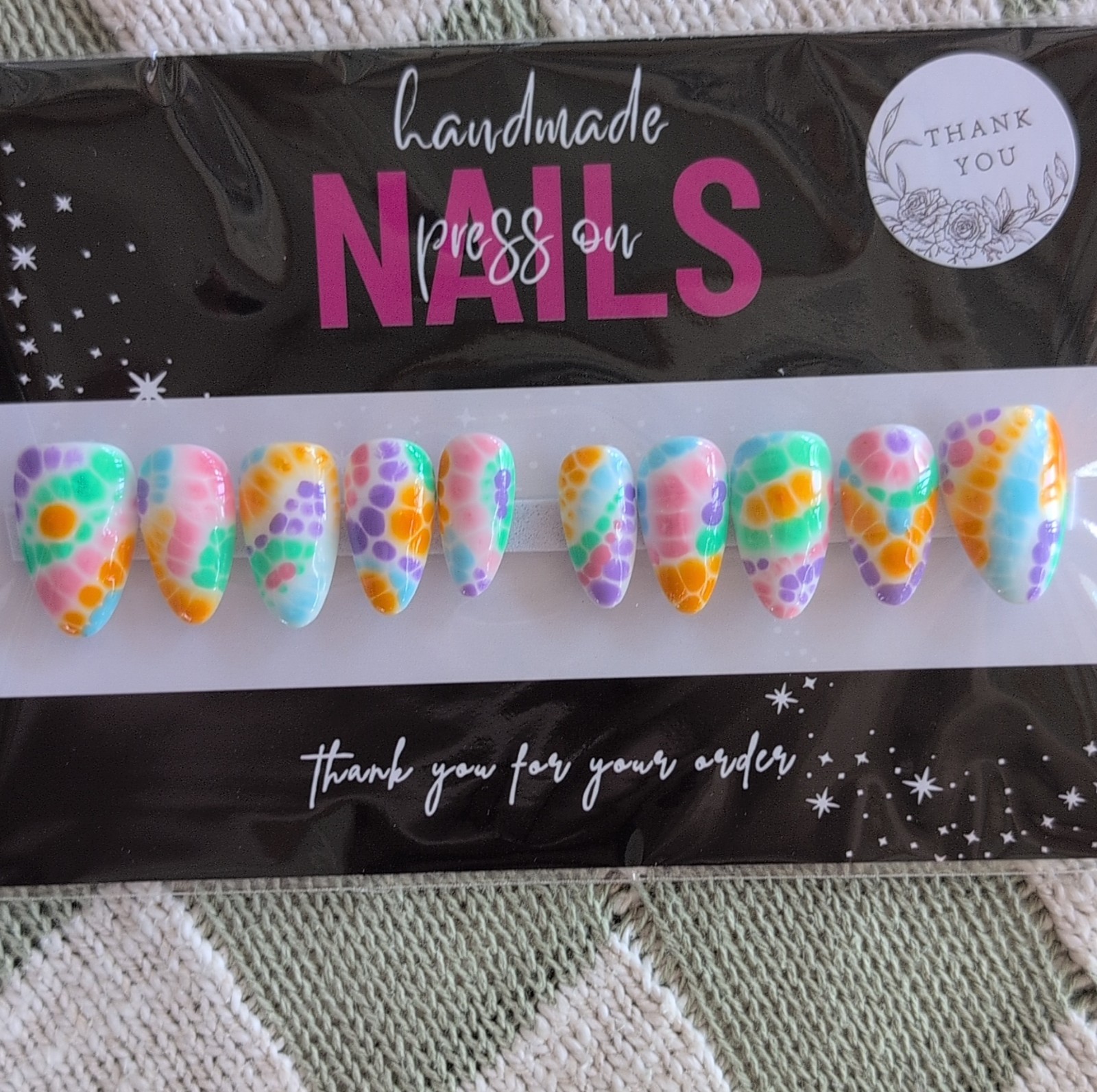 Press-On Nails Handmade Almond Long Multicolor Abstract Sized Large