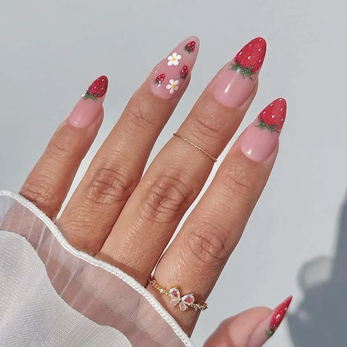 Polka Dot Press on Nails Short Almond Fake Nails Summer Blue Nails Press Ons wit