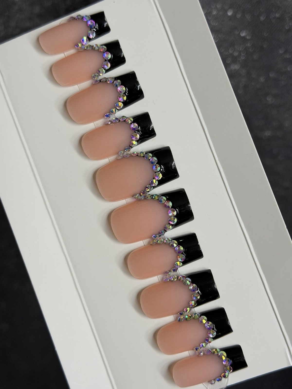 ✨ CUSTOM Press On Nails FRENCH BLACK BLING 10p SET W Kit Size M