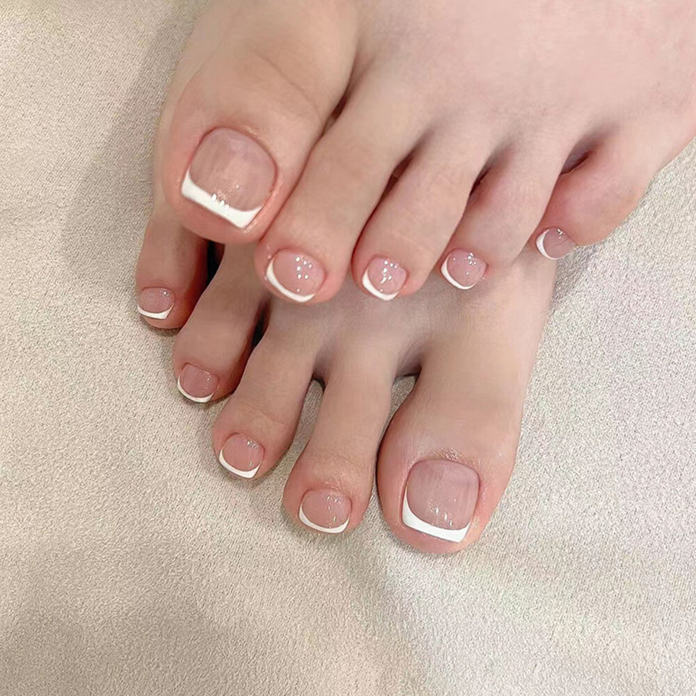 24x False Toenails French Manicure Fake Press On Full Cover Toe Nail With 1 Glue