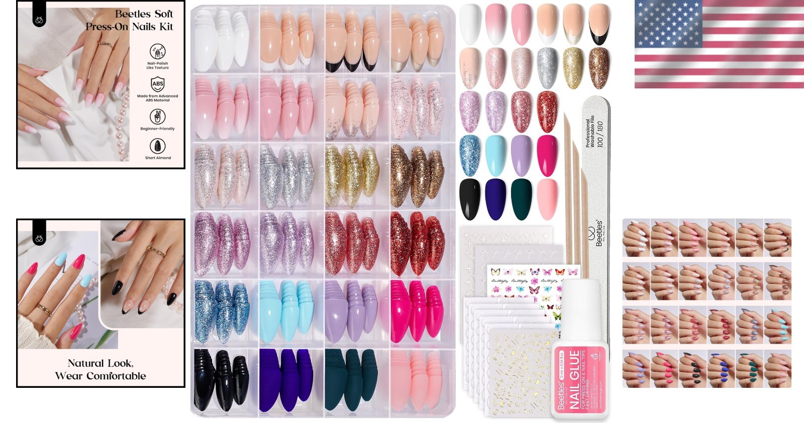 Beetles 720Pc Press on Nails Kit: 24 Colors, Short Almond, Glossy & Matte Styles