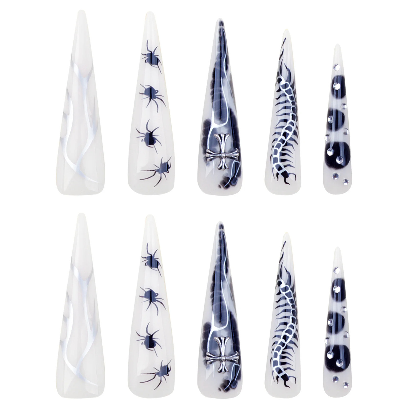 24pcs Y2k Sliver Flame Spider Long Pointed Press on Nails