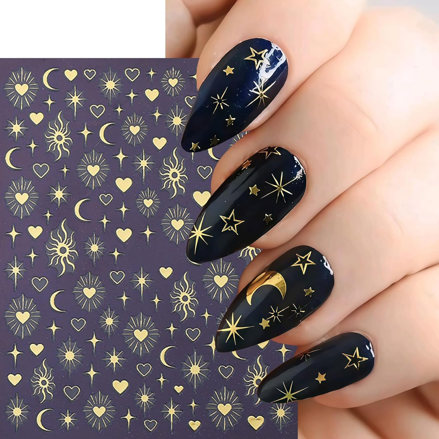 6 Sheets Gold Star Nail Stickers for Nail Art 3D Self Adhesive Moon Heart Nail A