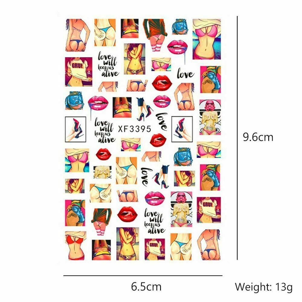 Nail Art 3D Decal Stickers Sexy Red Lips Tongue Lollipop Rose Heart Rainbow NH10