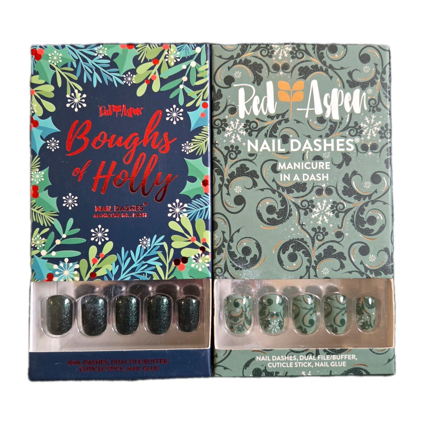 Red Aspen Nail Dashes Short Square Christmas Boughs of Holly Winter Green Brooke