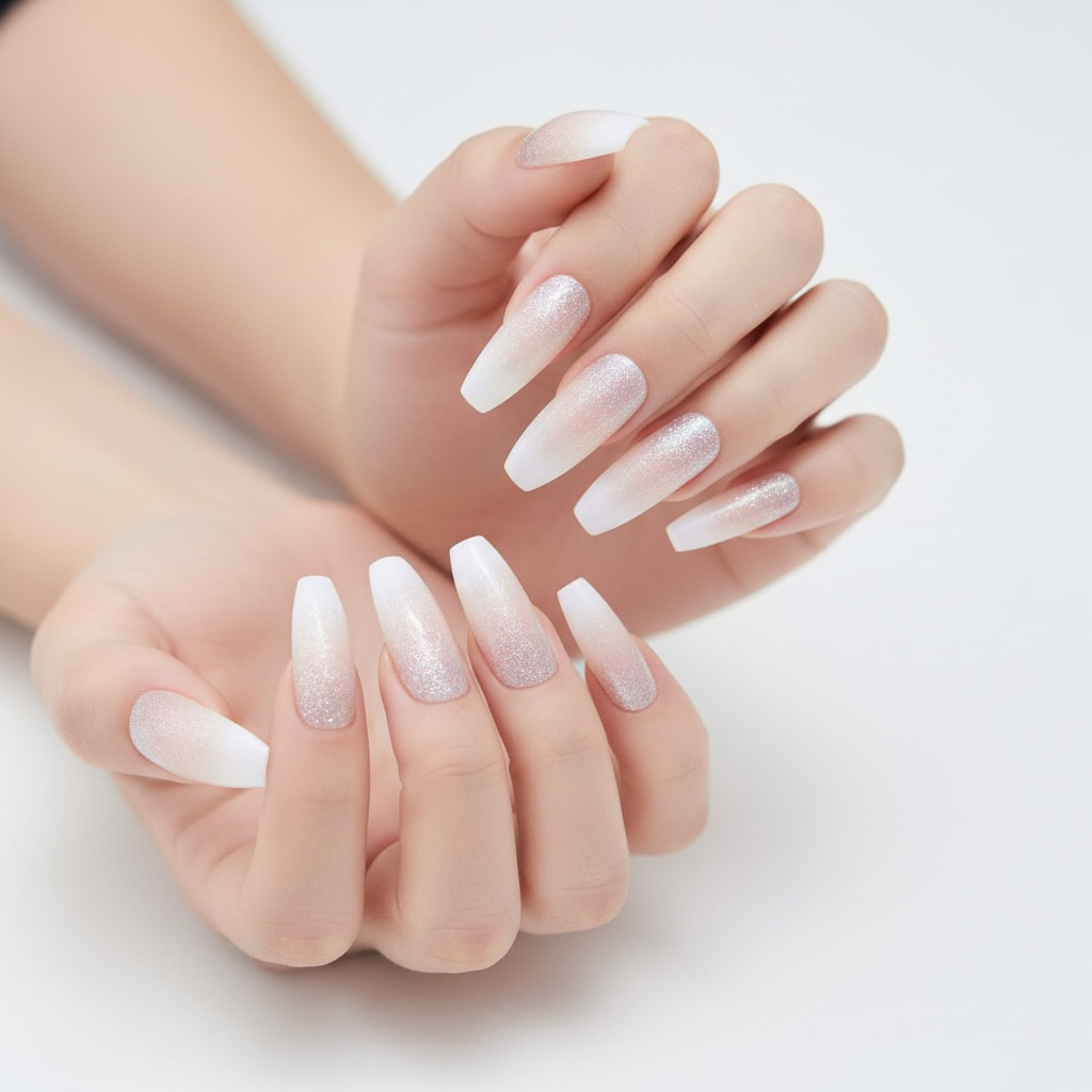 Nude Glitter Ombre French Press On Nails Extra Long Coffin Ballerina Fake Nails