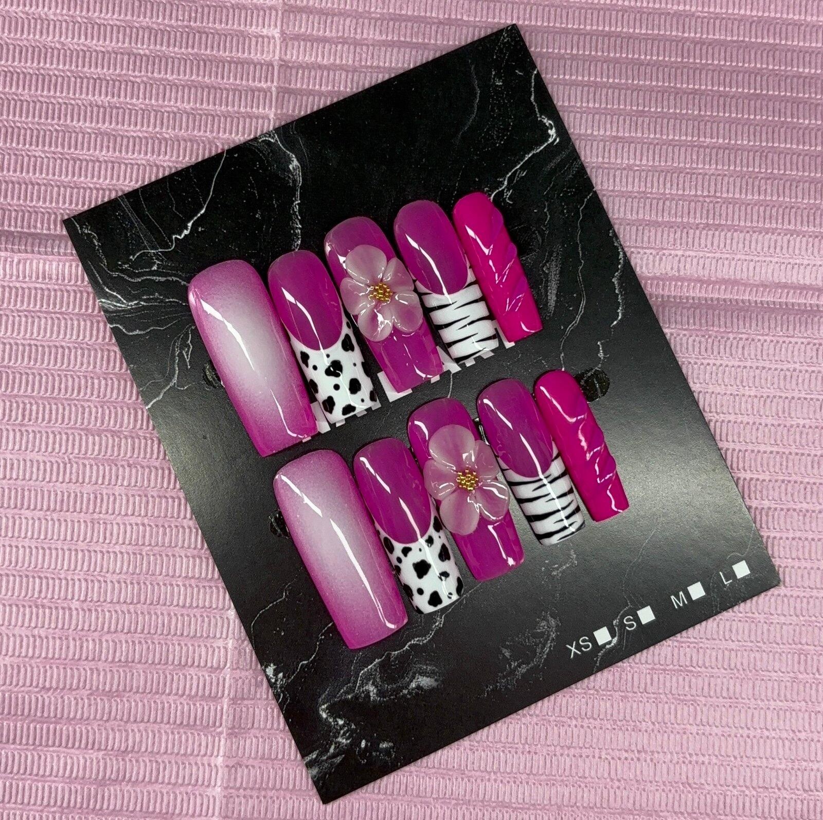 Long square press on nails animal print 3d gel flower aura