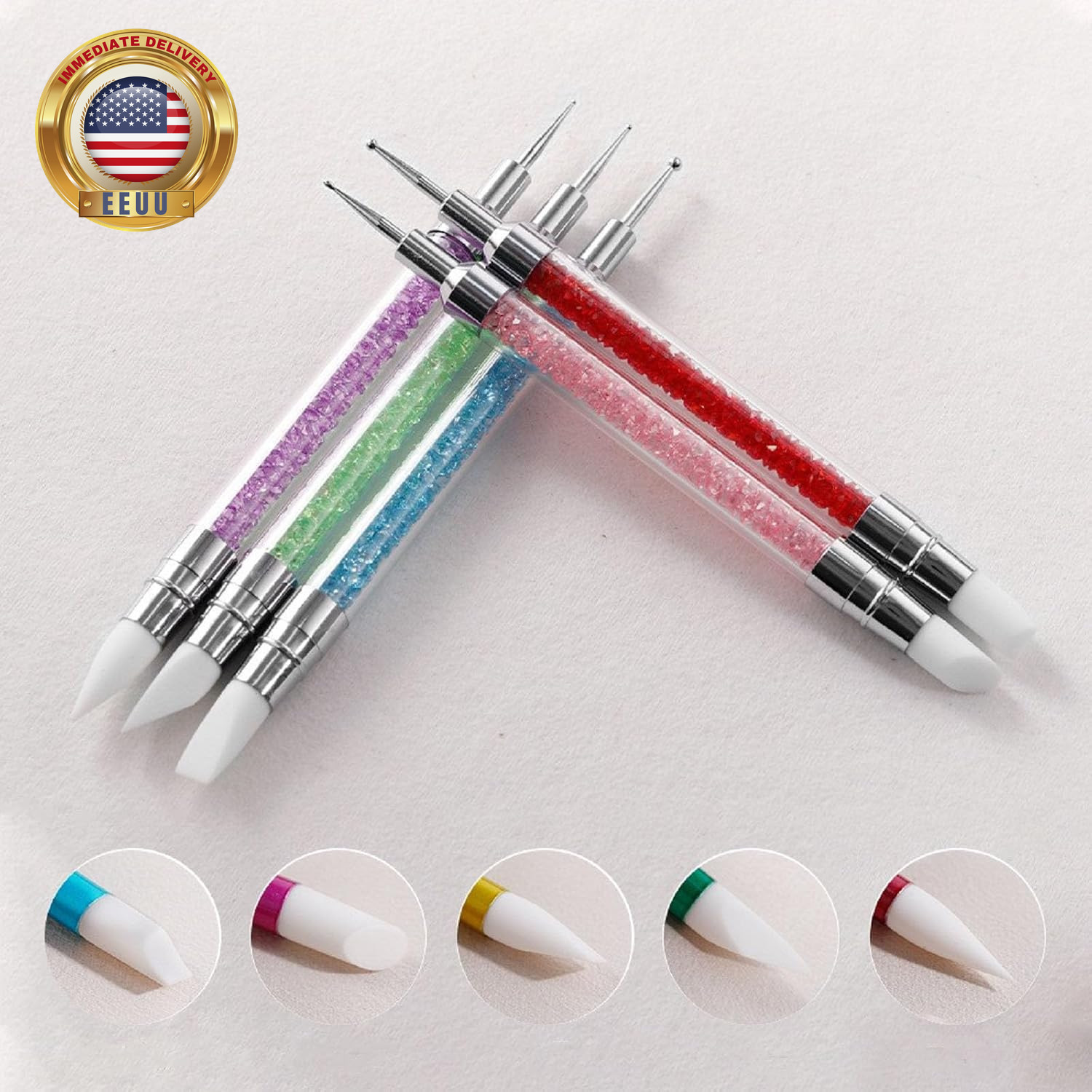 5PCS Double Ended Silicone Nail Polish Brushes with Steel Carving Drawing Dottin