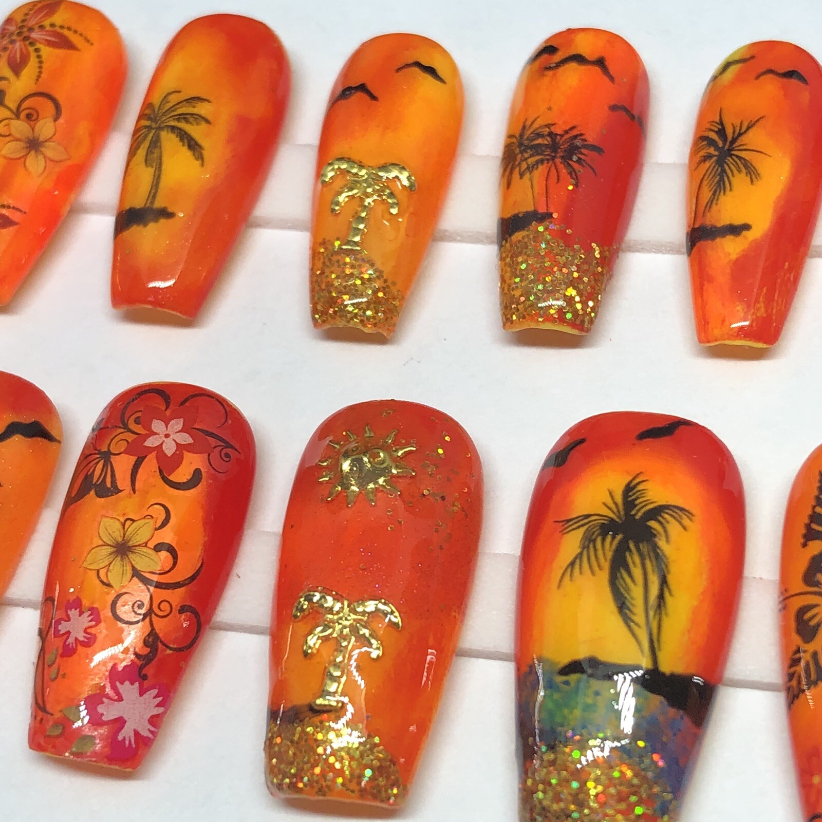 Handmade Custom Press On Nails Long Coffin Shape Summer Tropical Beach Nails