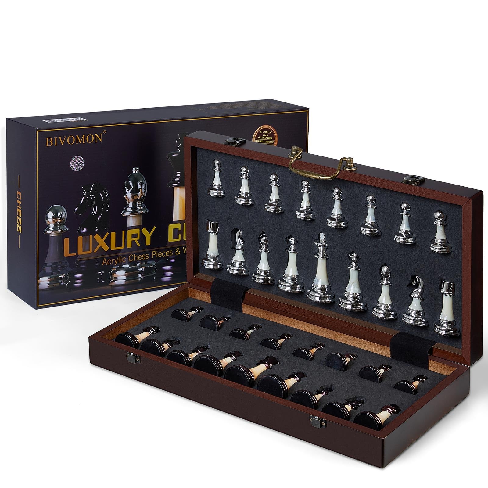 Deluxe Chess Set 16.5” Wooden Large Folding 16.54*16.54*1.5 inches, Brown
