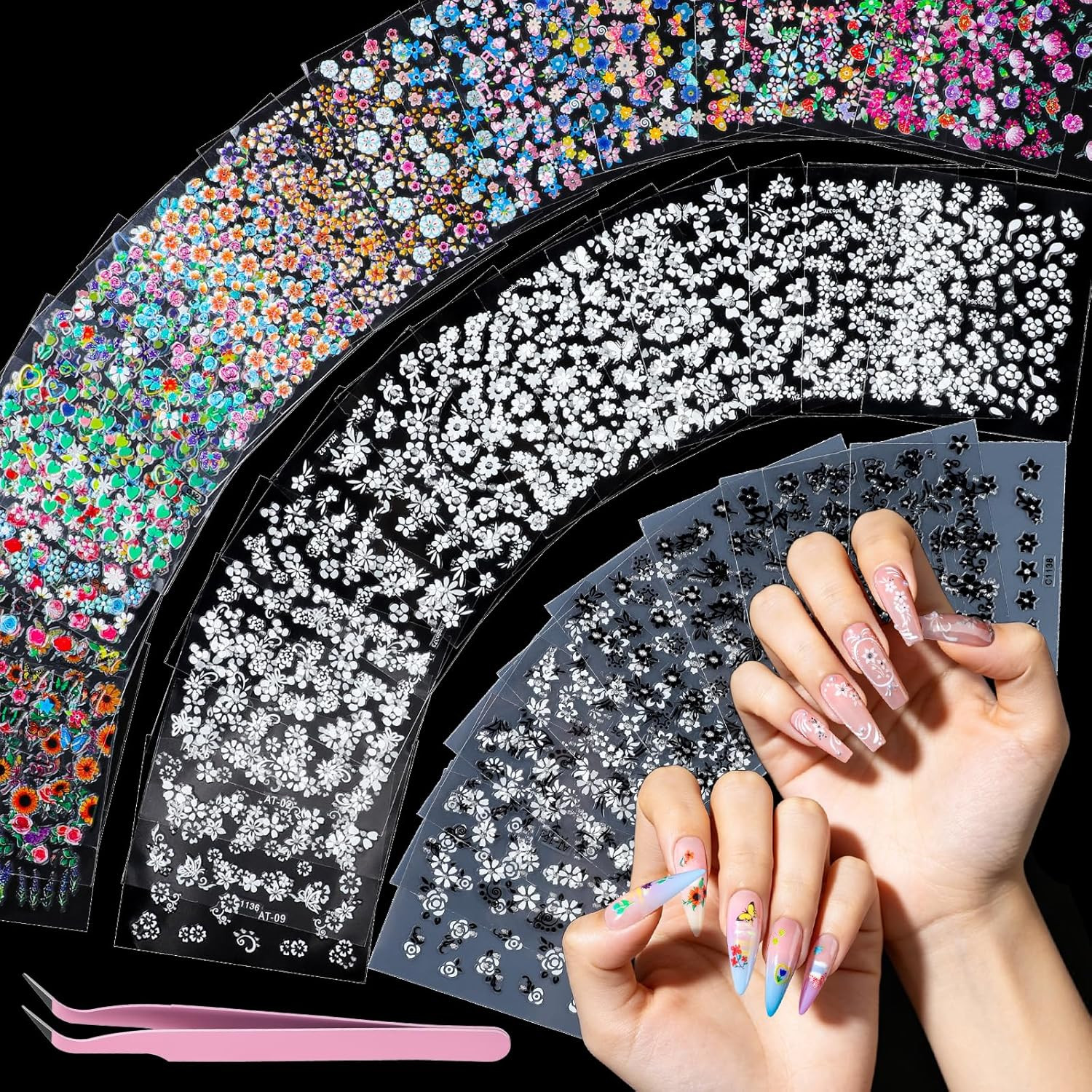 50 Sheets Nail Stickers for Nail Art, Colorful Flower Nail Art Stickers for Kids
