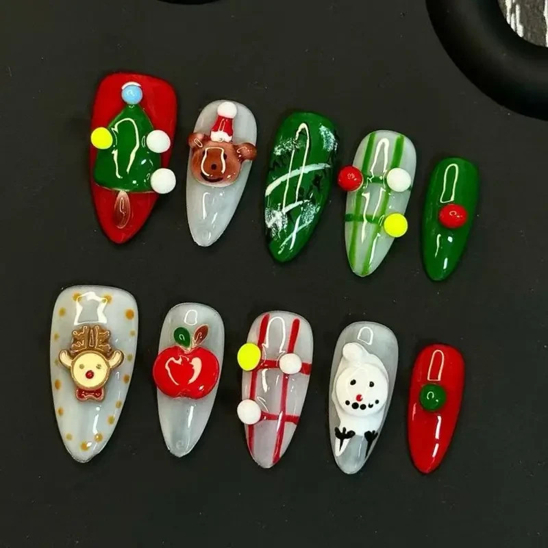 Christmas Style Elegant Press on Nails Red Green Shiny Diamond Bell Snowflake De