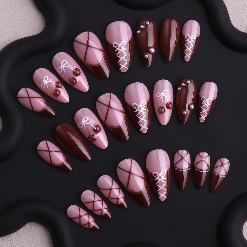 48 Pcs Medium Length Almond Shaped, Bow and Cherry Colored, Removable Fake Nails