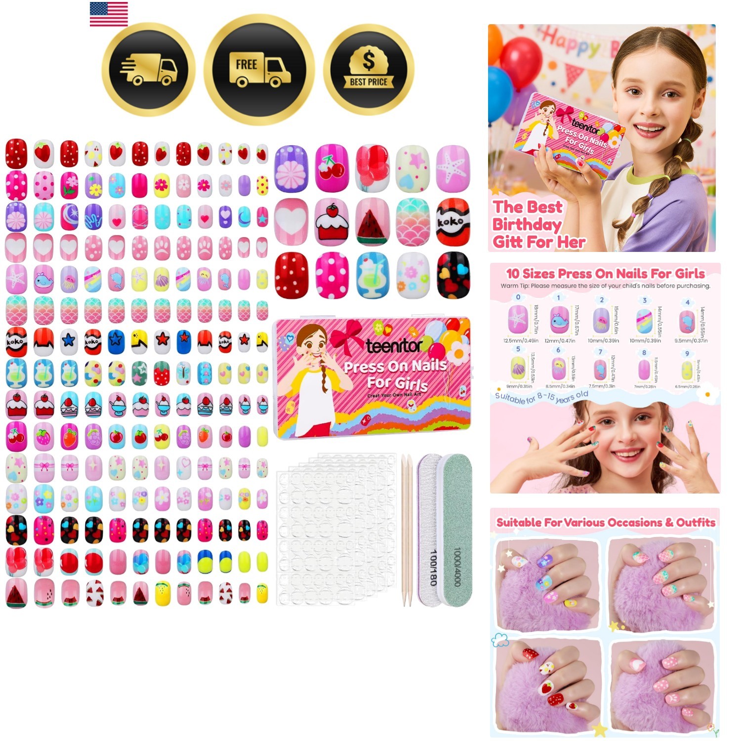 360 Pcs Kids Press On Nails, 15 Styles 12 Sizes Press On Nails for Kids Girls…