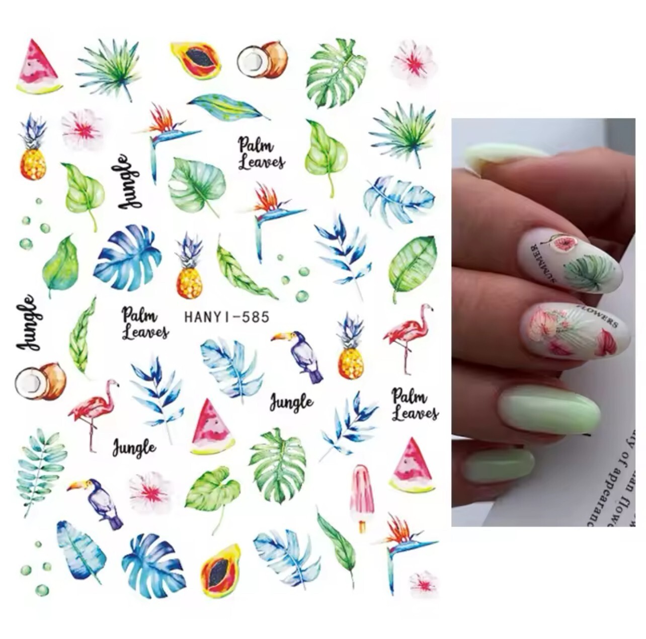 Tropical Nail Art Stickers Transfers Palm Tree Leaf Flower Flamingo Toucans I585