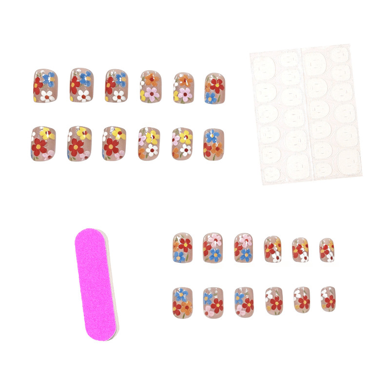 48pcs Short Square Press on Nails, Silver Glitter Multicolor Floral Summer Nails