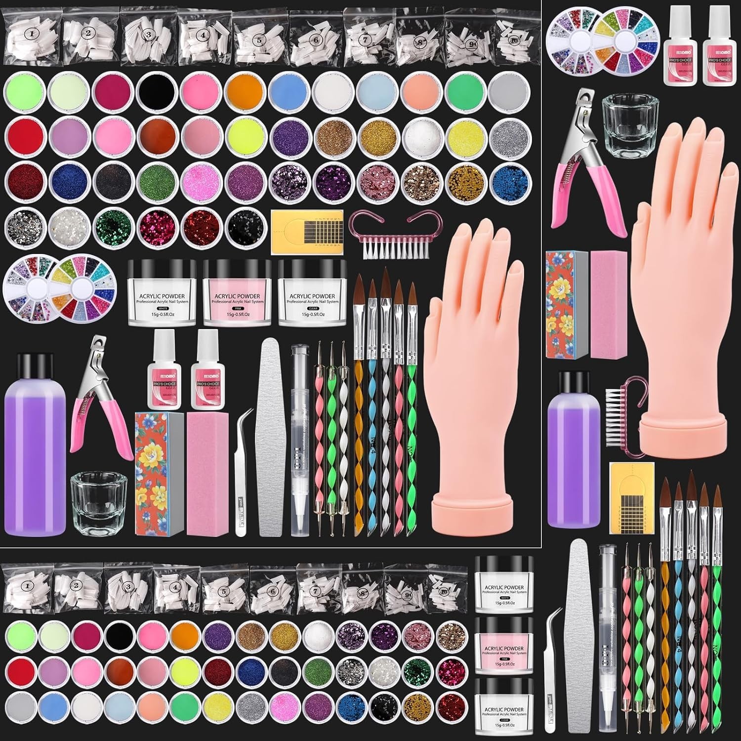 Professional Acrylic Nail Kit – Practice Hand Set with Powder, Brush, DIY Sta…
