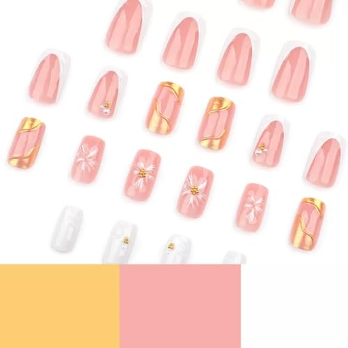 Square Press on Nails Medium Short Fake Nails White 1 Fl Oz (Pack of 1) Gold