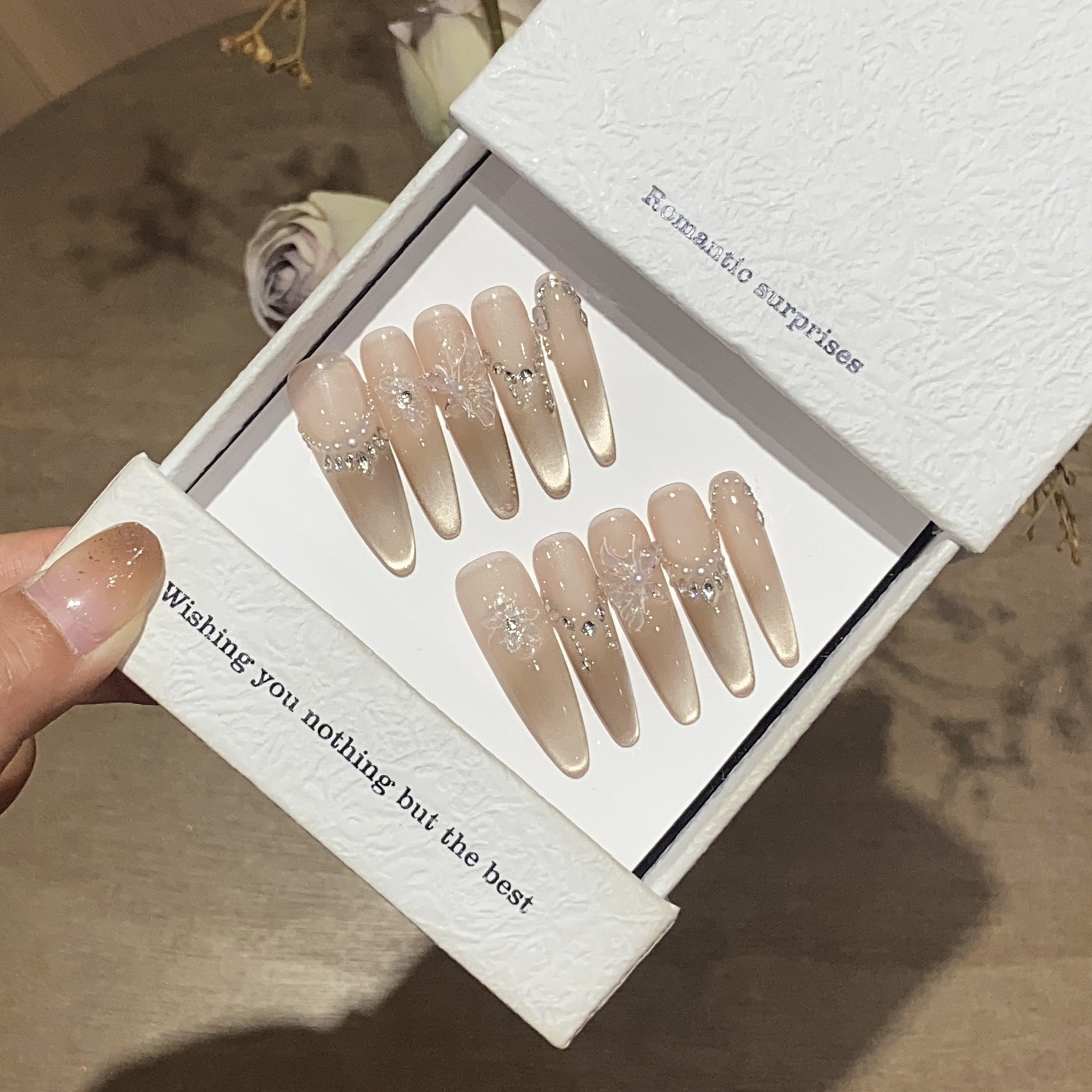 10Pcs Handmade Peach Matte Cat Eye Medium Oval French Rhinestone False Nails