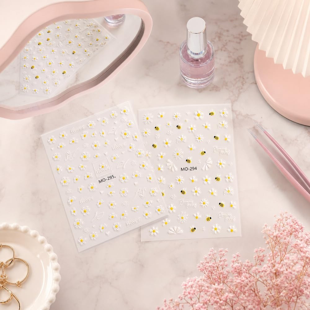 4Pcs Daisy Bee 5D Embossed Nail Art Stickers | Floral White Petal, Textured Mani