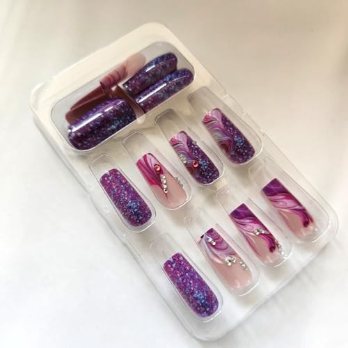 24Pcs Purple Press on Nails Medium Square Fake Nails with Rhinestone Style 4