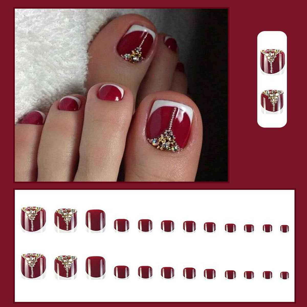 French Tip Red Press on Toenails for Women White Toe Nail Press Ons | Fantasy