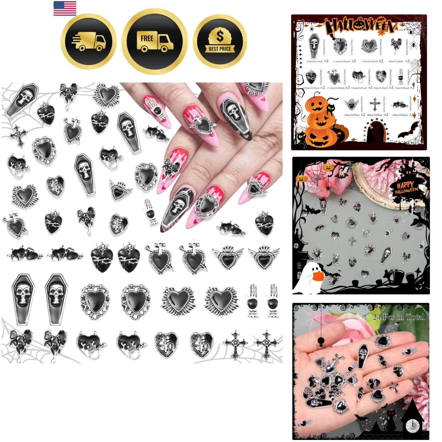 Halloween Nail Charms 24pcs Gothic Heart Cross Tombstone Gems Art Accessories