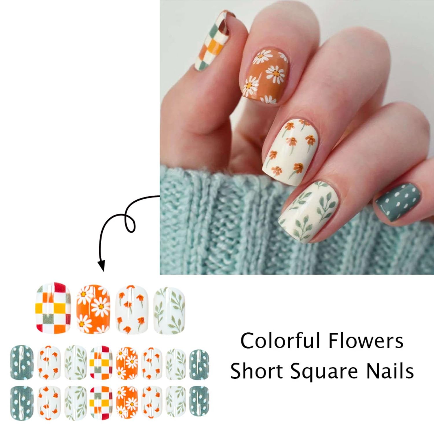 Square Press On Nails Fake Nails Flower Leaf With Plaid Flower CTH40 Short