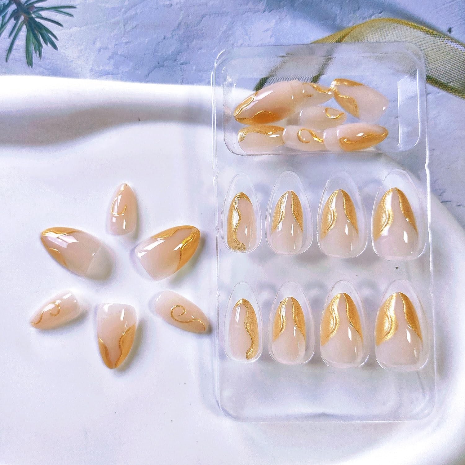 KAICCOSO Gold French Tip Almond Acrylic Press-On False Nails, 24 Pcs (12 Size…