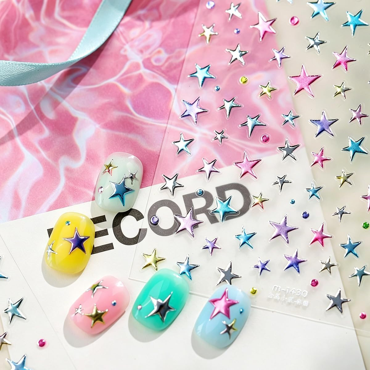5D Embossed Holographic Nail Stickers Metallic Shiny Star Nail Decals Self-Adhes