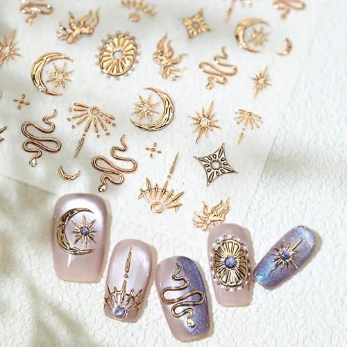 Bohemian Nail Stickers | Moon Star Snake Sticker for Nail Art | Gold Silver 5D