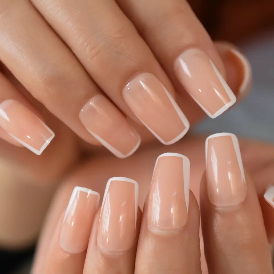 Press On Nails Nude White Rim Square Natural Modern French unique border trendy