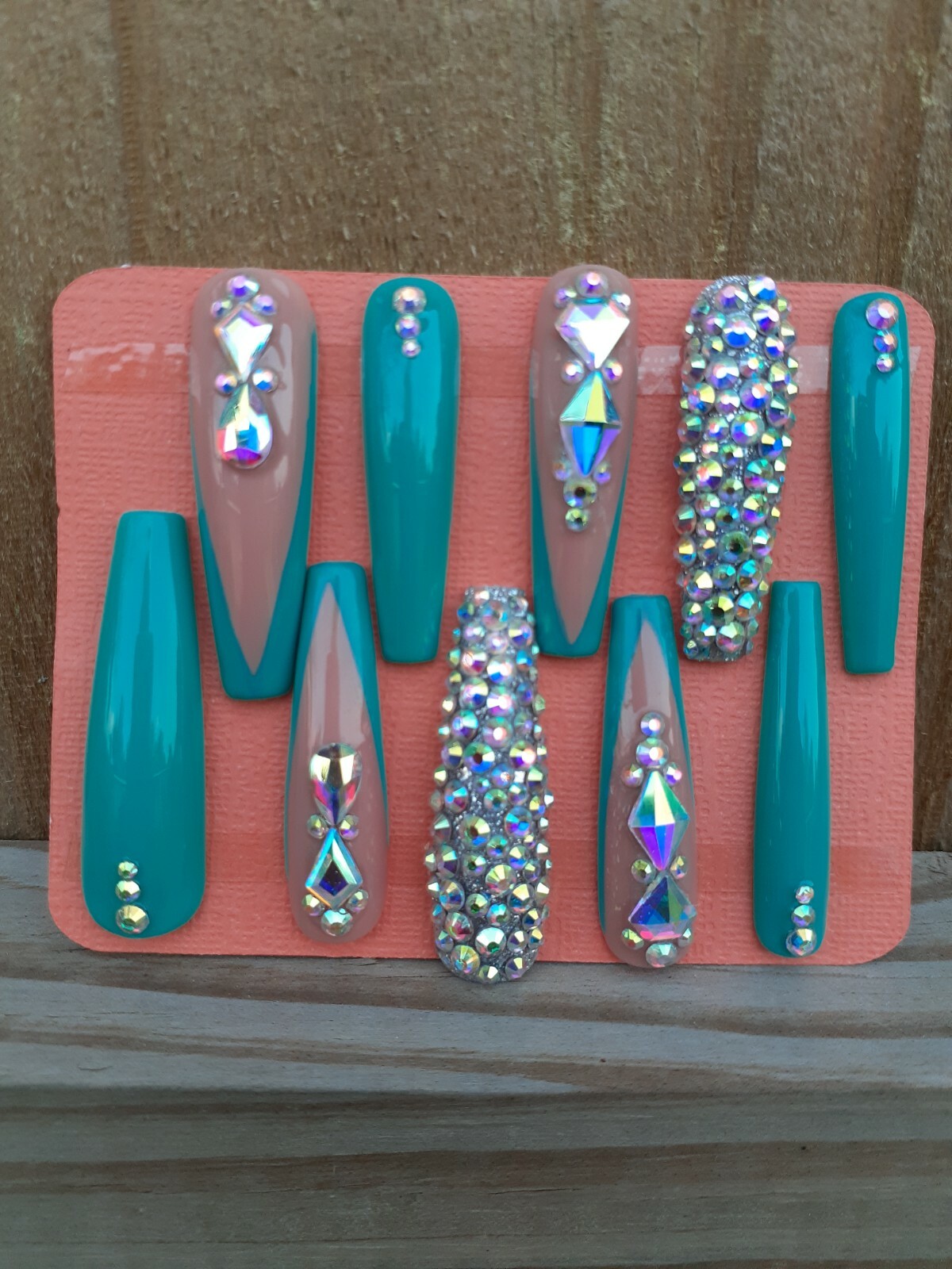 XXL Teal Turquoise Green Rhinestones Beach Destination Wedding Ocean Nails