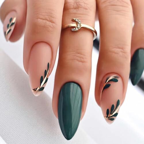 Almond Press on Nails Medium Fake Nails Acrylic False Nails with Dark Green