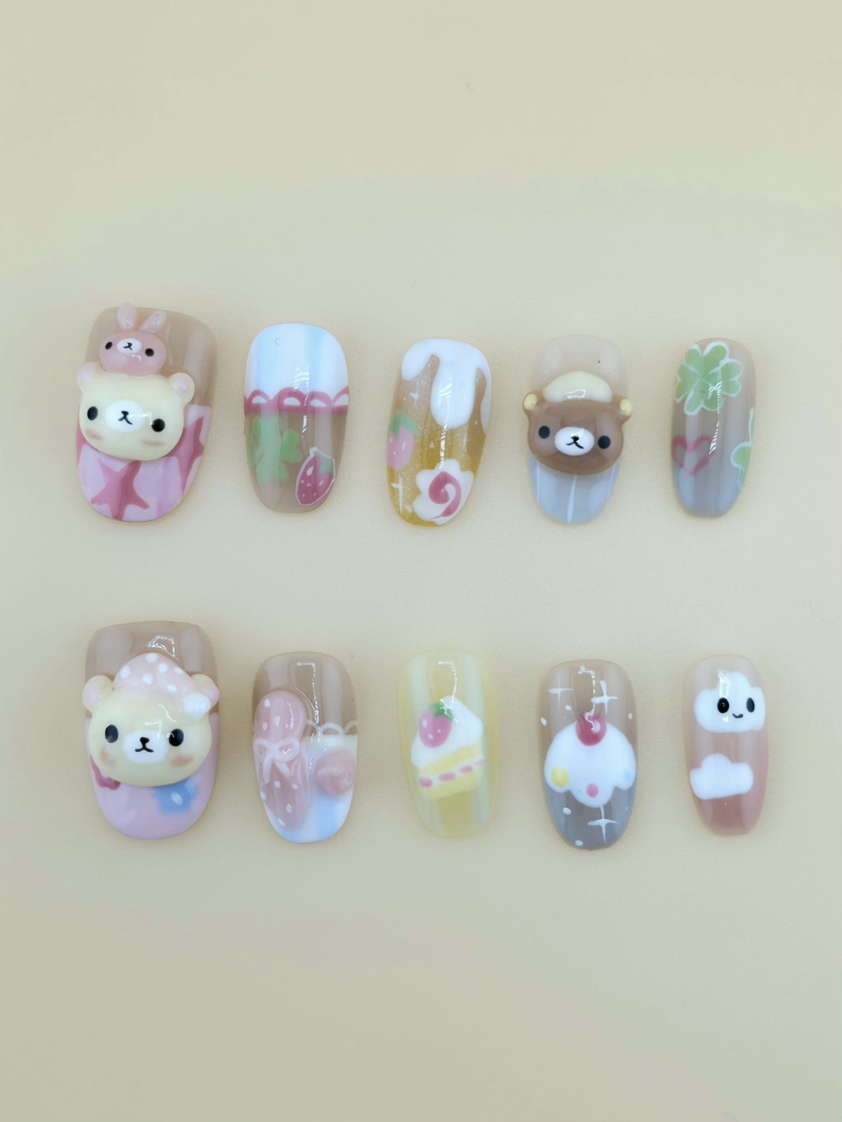 Handmade Press-on Nails Kawaii Teddy Bear (SMALL)