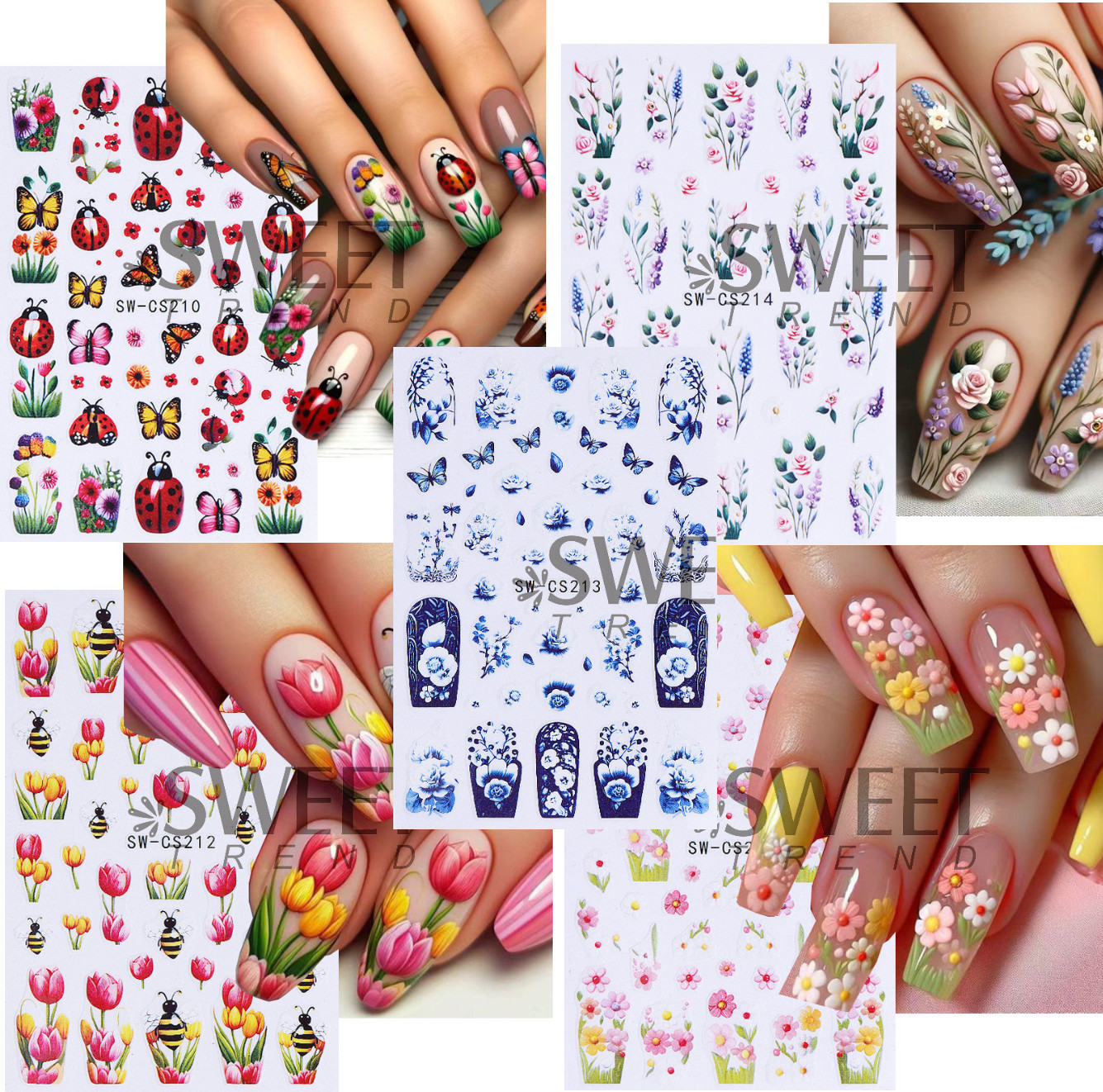 5Pcs Nail Art Decal Stickers Butterfly Beetle Flower Turnip Summer Spring NS52