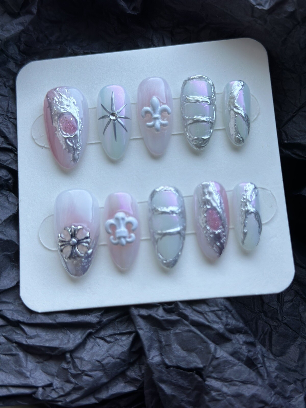 CUSTOM Handmade press on Gel nails Medium Almond Y2k Style Nails Set Size:S