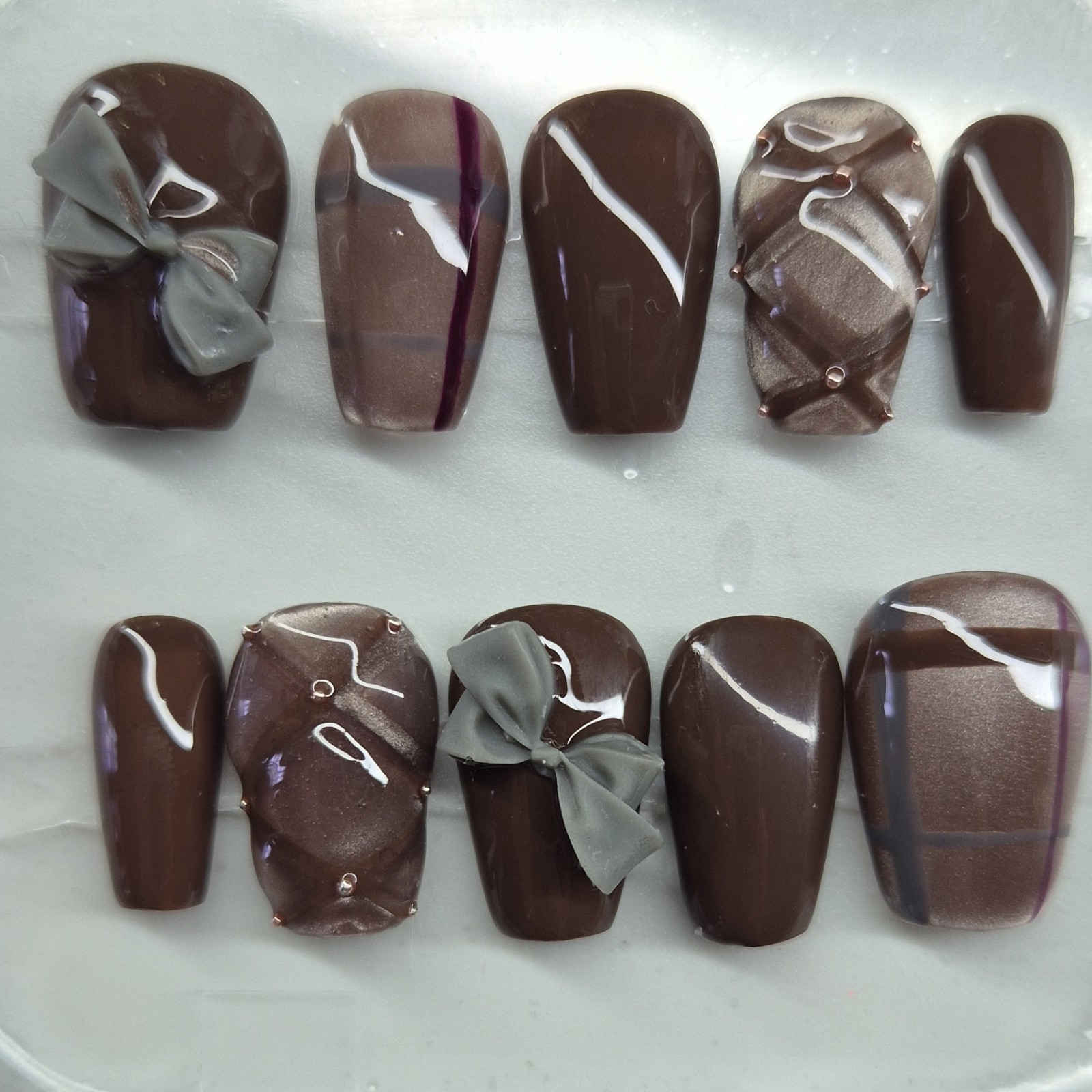 Brown Gray 3D Bow Square Oval Press-On Nails Set Pre-Designed Full Cover