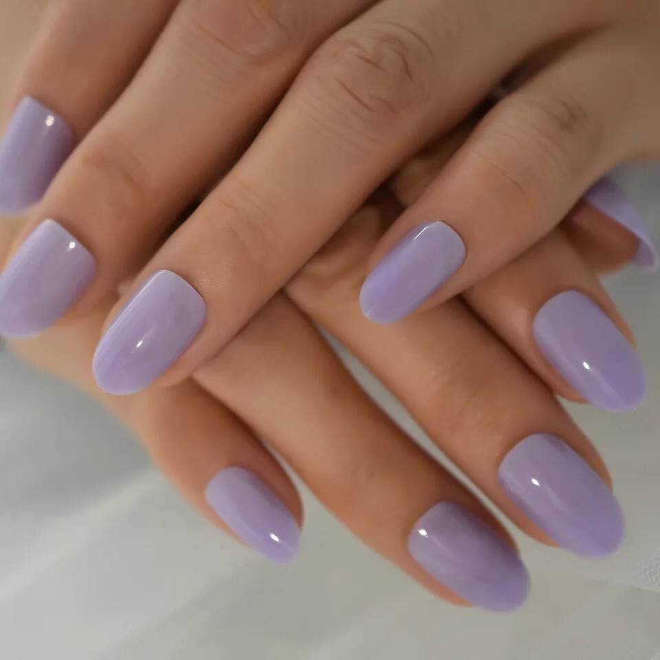24 Short Oval Press on nails kit w Glue Light Purple Pastel Lavender Kawaii
