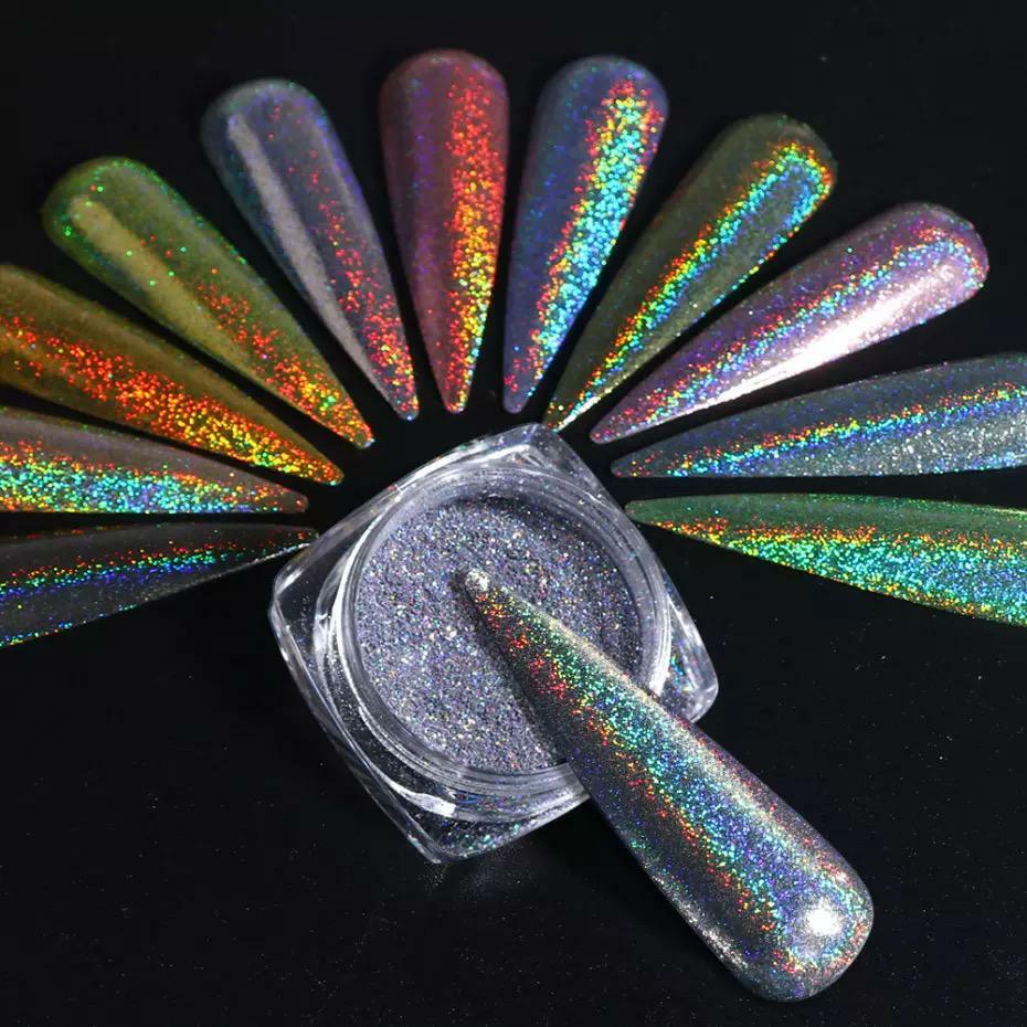 HOLOGRAPHIC UNICORN NAIL POWDER CHROME SHIMMER 12 COLOURS MIRROR GLITTER PIGMENT
