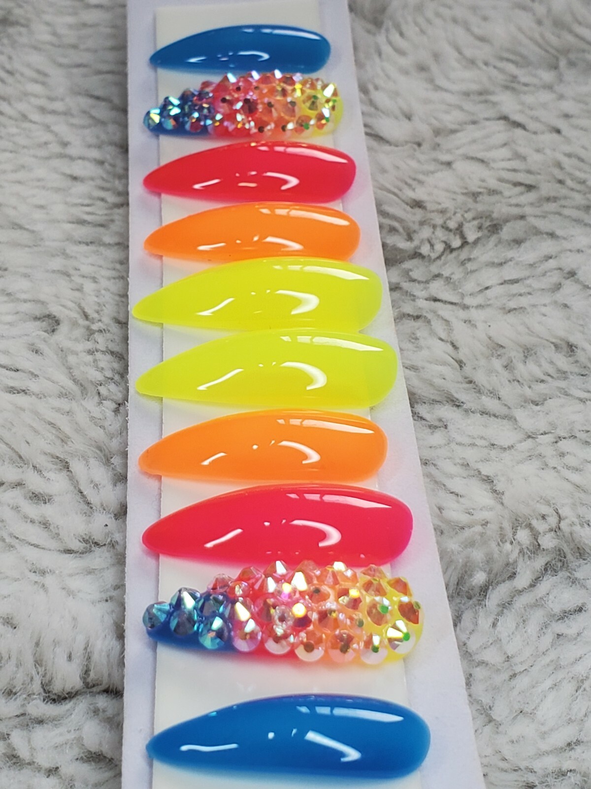 Bright Neon Rainbow ombre bling nails w/ crystals Press On jelly nails stiletto