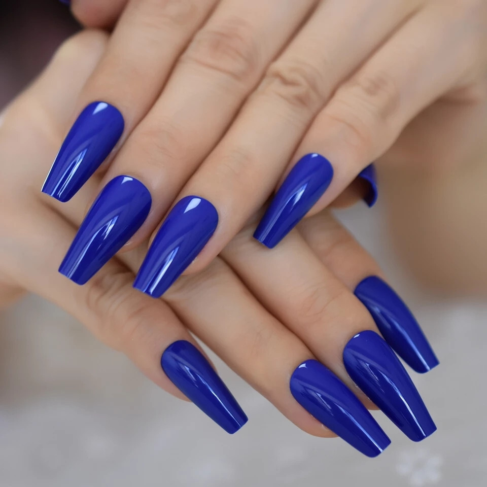 24 Press on nails kit w glue Long sapphire blue royal glossy